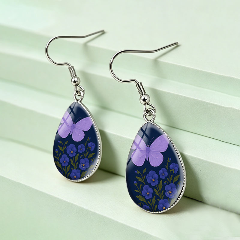 Light Purple Butterfly Pansy Teardrop Earrings, Handmade